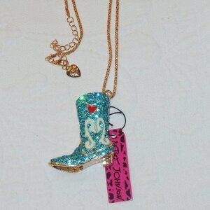 Betsey Johnson Turquoise Glitter Cowboy Boot Necklace with Gold Chain